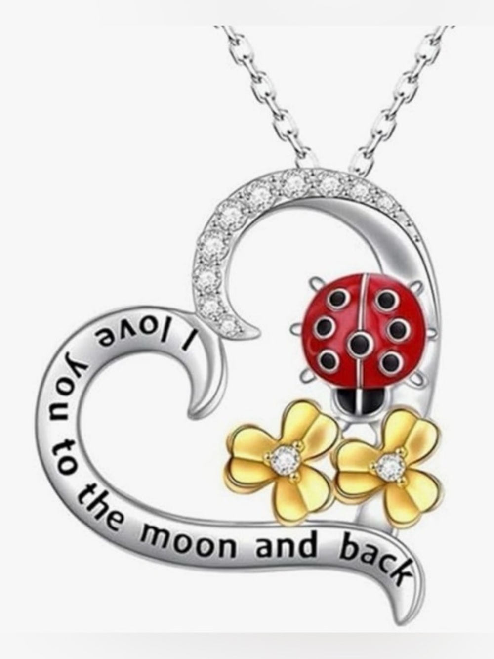 Sterling Silver I love you to the moon and back ladybug flowers necklace